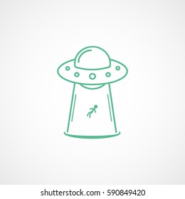 Alien Spaceship UFO Green Line Icon On White Background