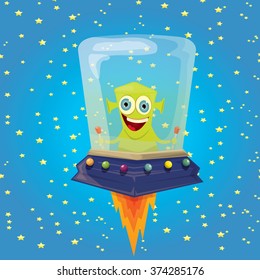 alien spaceship . ufo. green alien in space vector. flying saucer