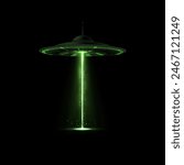 Alien spaceship, UFO with green vertical beam light, smoke and particles vector illustration. Realistic flying unidentified round saucer glowing in darkness, bright illumination and ray for abduction