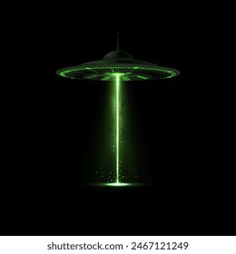 Alien spaceship, UFO with green vertical beam light, smoke and particles vector illustration. Realistic flying unidentified round saucer glowing in darkness, bright illumination and ray for abduction