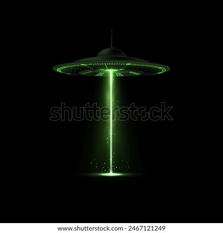 Alien spaceship, UFO with green vertical beam light, smoke and particles vector illustration. Realistic flying unidentified round saucer glowing in darkness, bright illumination and ray for abduction