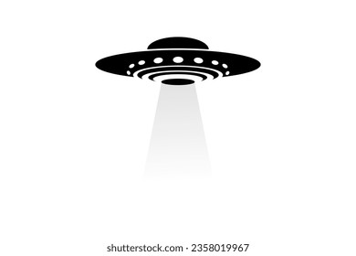 Alien spaceship, ufo with light rays. Vector realistic illustration of futuristic flying saucer, unidentified circular aircraft. Galaxy spaceship clipart, glowing flying ship