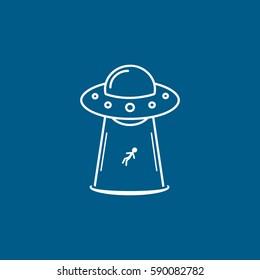 Alien Spaceship UFO Line Icon On Blue Background