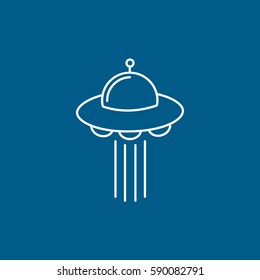 Alien Spaceship UFO Line Icon On Blue Background