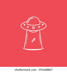 Alien Spaceship UFO Line Icon On Red Background