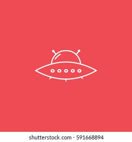 Alien Spaceship UFO Line Icon On Red Background