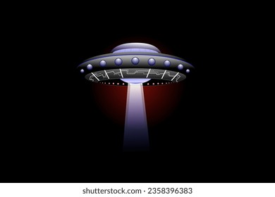 Alien spaceship, ufo at night. Vector realistic illustration of futuristic flying saucer, unidentified circular plane. Galaxy spaceship clipart, flying ship
