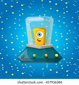 alien spaceship . ufo. orange alien in space vector. flying saucer. Kids vector background