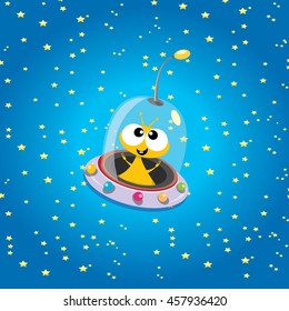 alien spaceship . ufo. orange alien in space vector. flying saucer. Kids vector background