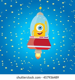 alien spaceship . ufo. orange alien in space vector. flying saucer. Kids vector background