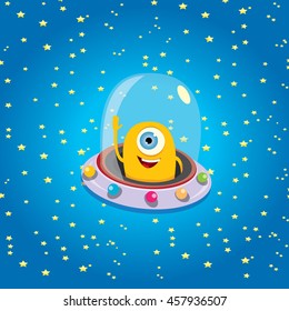 alien spaceship . ufo. orange alien in space vector. flying saucer. Kids vector background