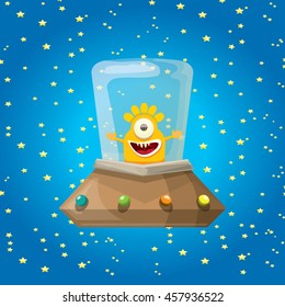 alien spaceship . ufo. orange alien in space vector. flying saucer. Kids vector background
