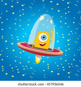 alien spaceship . ufo. orange alien in space vector. flying saucer. Kids vector background