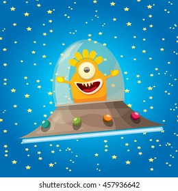 alien spaceship . ufo. orange alien in space vector. flying saucer. Kids vector background