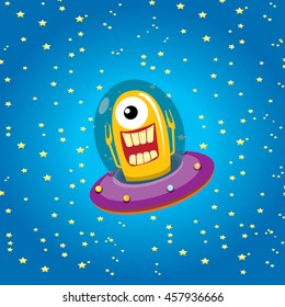 alien spaceship . ufo. orange alien in space vector. flying saucer. Kids vector background