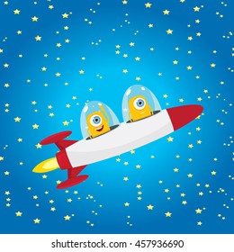 alien spaceship . ufo. orange alien in space vector. flying saucer. Kids vector background