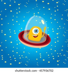 alien spaceship . ufo. orange alien in space vector. flying saucer. Kids vector background