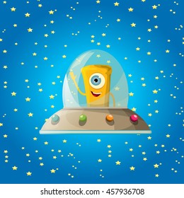 alien spaceship . ufo. orange alien in space vector. flying saucer. Kids vector background