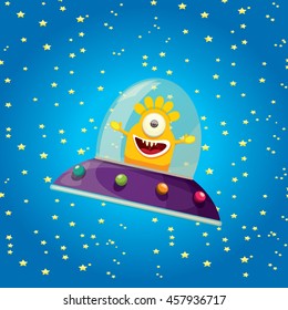 alien spaceship . ufo. orange alien in space vector. flying saucer. Kids vector background