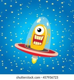 alien spaceship . ufo. orange alien in space vector. flying saucer. Kids vector background