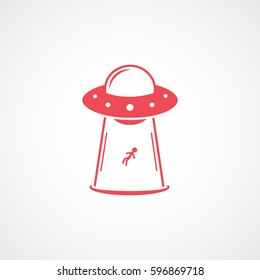 Alien Spaceship UFO Takes Human Red Flat Icon On White Background