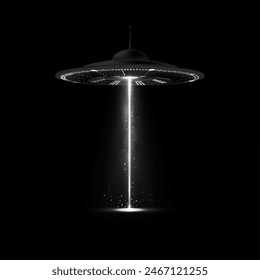 Alien spaceship, UFO with white vertical beam light, smoke and particles realistic vector illustration. Flying unidentified round saucer glowing in darkness, bright illumination and ray for abduction