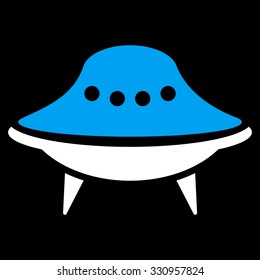 Alien Spaceship vector icon. Style is flat bicolor blue and white symbol, rounded angles, black background.