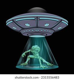 Alien with Spaceship Vector, Alien jumping from spaceship, vector art