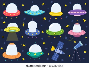 Alien spaceships collection. Ufo ships isolated elements set. Space graphic for prints, stickers, and posters. Vector illustration 