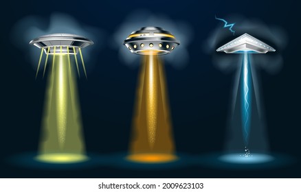 Alien spaceships with  light beam, smoke and glows. 3d vector ufo set
