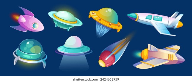 Alien spaceships mega set in cartoon graphic design. Bundle elements of fantasy UFO space crafts, rockets, flying saucers, shuttles, spacecrafts with glow lights. Vector illustration isolated objects