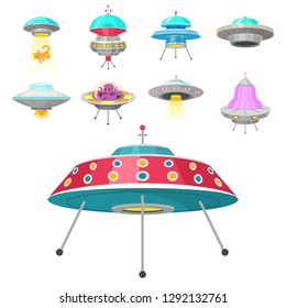 Alien spaceships, Set of UFO unidentified flying object, Fantastic rockets, Cosmic spacecrafts in universe space. Vector Illustration on white background. GUI elements, Cartoon style, Flat game.