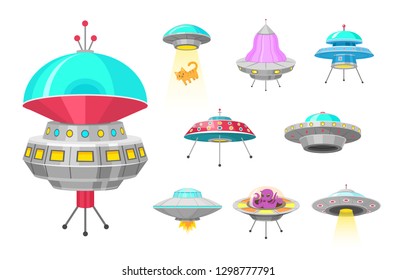 Alien spaceships, set of UFO unidentified flying object, Fantastic rockets, Cosmic spacecrafts in universe space. vector Illustration on white background. GUI elements. Flat game, Cartoon style.