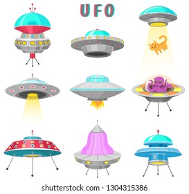 Alien spaceships, Set of UFO unidentified flying object, Fantastic rockets, Cosmic spacecrafts in universe space. Vector Illustration on white background. GUI elements, Cartoon style, Flat game.
