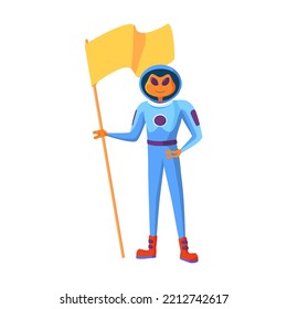 Alien in spacesuit. Astronaut galaxy invader cartoon character holding flag. Flat vector illustration. UFO and space concept