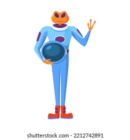 Alien in spacesuit. Astronaut galaxy invader cartoon character. Flat vector illustration. UFO and space concept