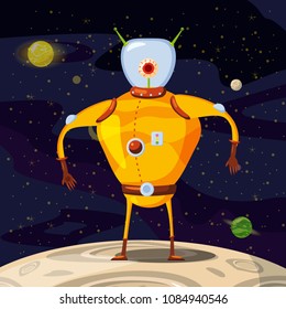 Alien in a spacesuit, cartoon style, background space, vector isolated