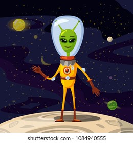 Alien in a spacesuit, cartoon style, background space, vector isolated