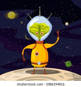 Alien in a spacesuit, cartoon style, background space, vector isolated