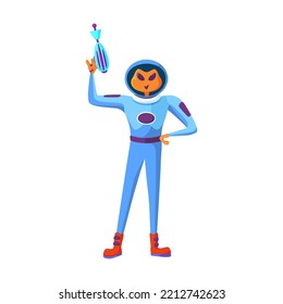 Alien in spacesuit. Futuristic humanoid astronauts galaxy invaders cartoon character holding blaster design. Flat vector illustration. UFO and space concept