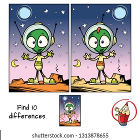 Alien in a spacesuit and helmet. Find 10 differences. Educational matching game for children. Cartoon vector illustration