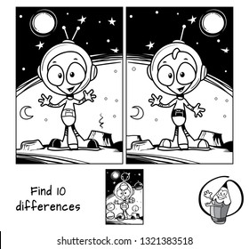 Alien in a spacesuit and helmet. Find 10 differences. Educational matching game for children. Black and white cartoon vector illustration