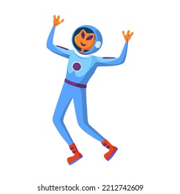 Alien in spacesuit. Humanoid astronauts galaxy invaders cartoon character holding flag or blaster design. Flat vector illustration. UFO and space concept