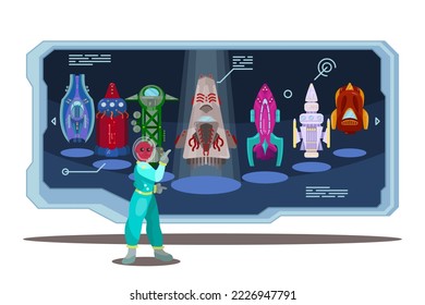 Alien in spacesuit showing rockets cartoon illustration. Fantastic creature explaining information about spaceships isolated on white background. Space, galaxy, transportation, aliens concept