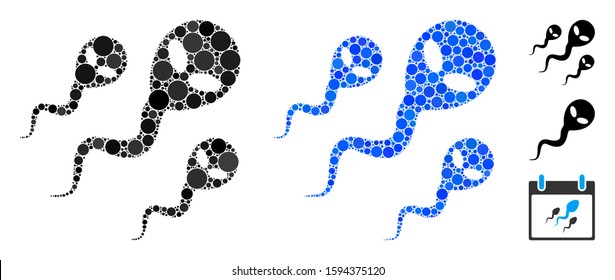 Alien sperm mosaic of small circles in various sizes and shades, based on alien sperm icon. Vector small circles are united into blue illustration. Dotted alien sperm icon in usual and blue versions.