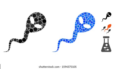 Alien spermatozoon composition of small circles in variable sizes and color tinges, based on alien spermatozoon icon. Vector small circles are grouped into blue composition.