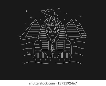 Alien Sphinx with pyramids vector design neon style