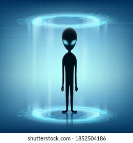 Alien stand on a futuristic background. Contact with extraterrestrial life. Space invader on UFO. Vector illustration.