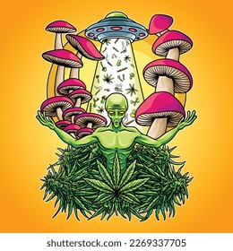 an alien is standing with weeds, and there are some big mushrooms behind, and a ufo is carrying some mushrooms and weeds. Extraterrestrial life is defined as not originating from planet Earth.