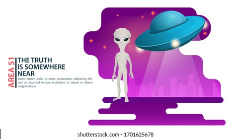 Ein Außerirdischer steht im Stadthintergrund, neben einem UFO, einem fliegenden Untersauzer, Design-Konzept, flache Vektorillustration-Illustration